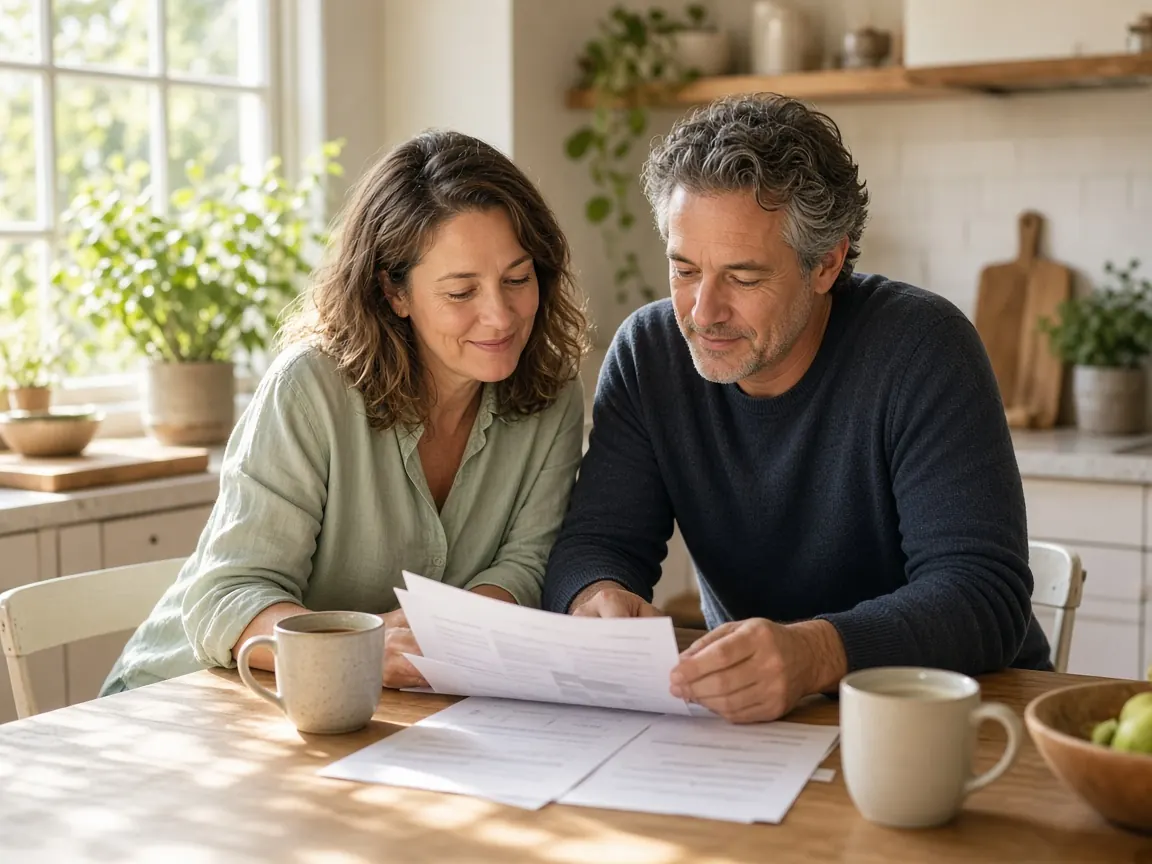 A couple reviewing their estate planning documents together at the kitchen table