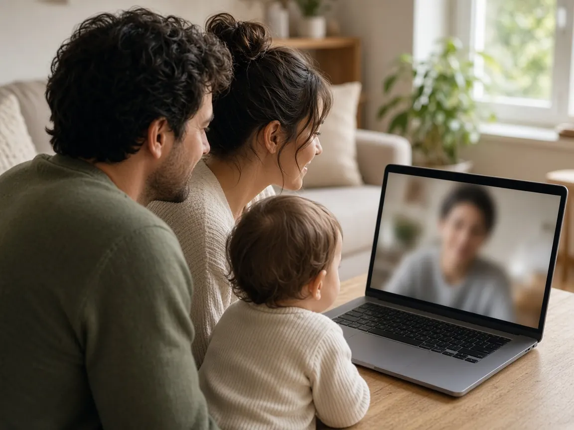 A young family meeting with their attorney by video call from home